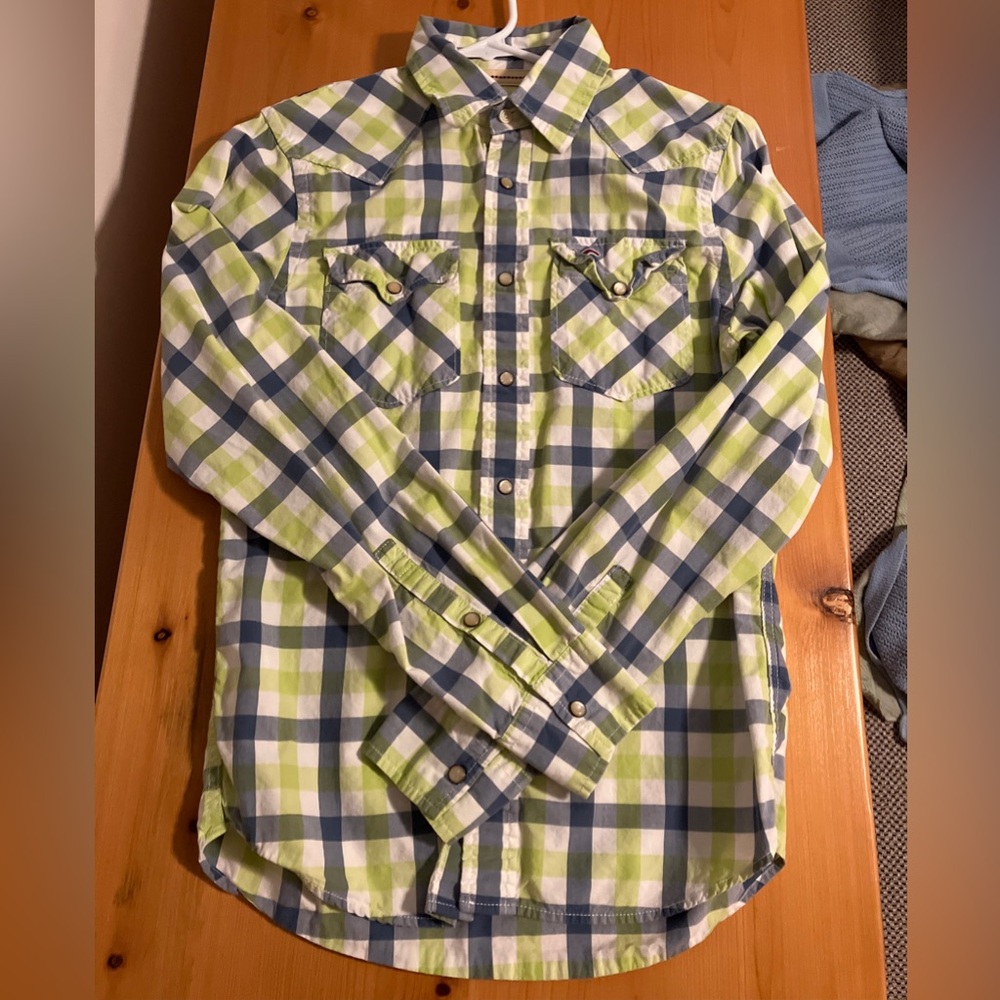 Hollister Men Small Button Down Shirt Blue Green Pattern